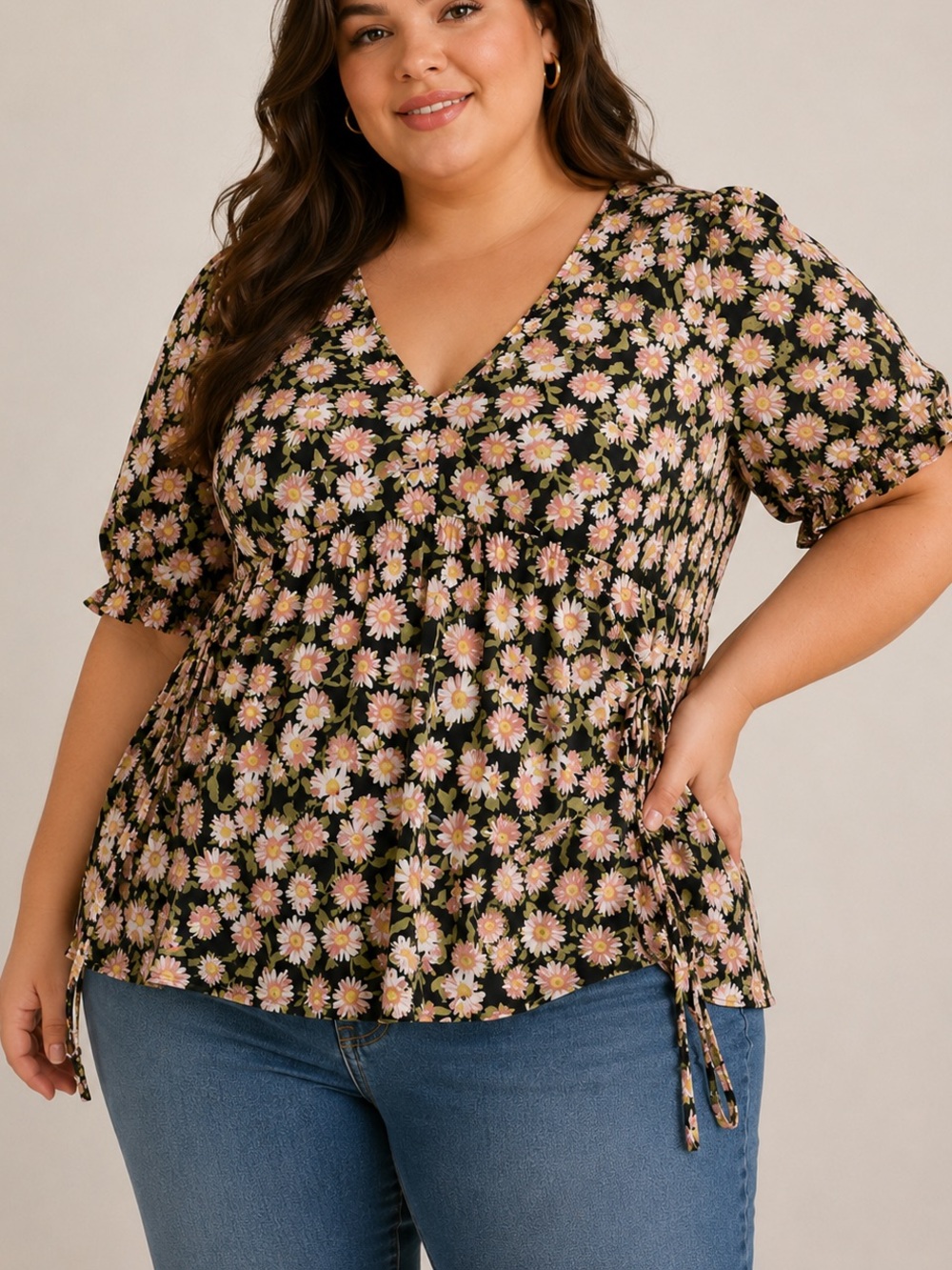 Torrid Floral Daisy V-Neck Short Sleeve Lace-Up Blouse Top Black 0X